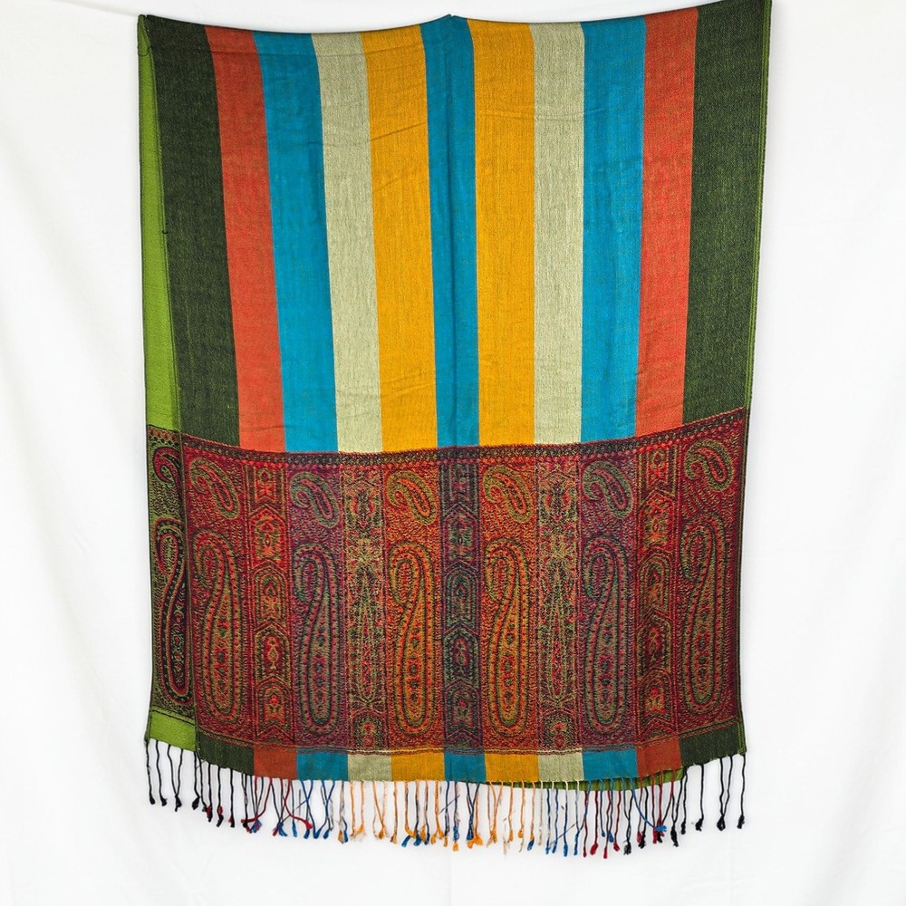Multicolor‎ Striped Paisley Pashmina Scarf Wrap with Fringe Bohemian Green Blue